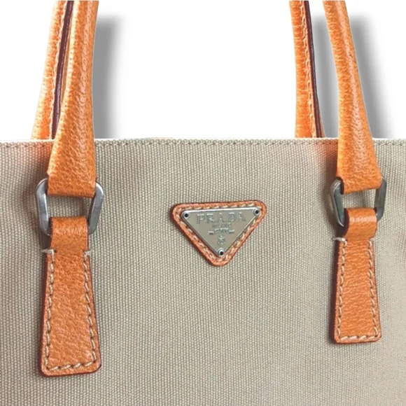 Prada Cinghiale Trimmed Y2K Cream Tan Orange Structured Vintage Canapa Tote Bag - Picture 5 of 14